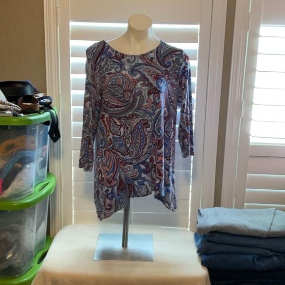 Ruby Rd. Asymmetrical Brown and Blue Tunic with 3/4 Sleeves - Picture 1 of 7